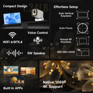 Vidéoprojecteur 4K à 330 lumens ANSI et autofocus, vue de trois quarts