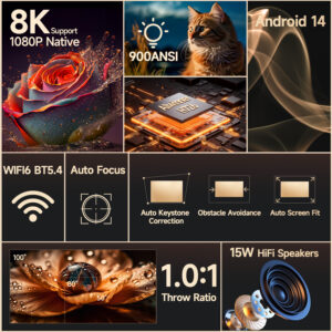 Vidéoprojecteur 4K à 900 lumens ANSI sous Android 14, vue de trois quarts