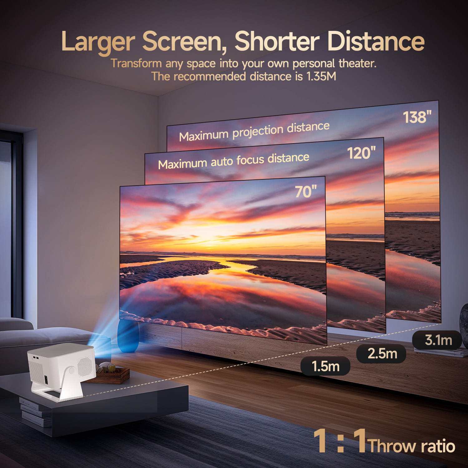 Vidéoprojecteur 4K à 900 lumens ANSI sous Android 14, vue de face