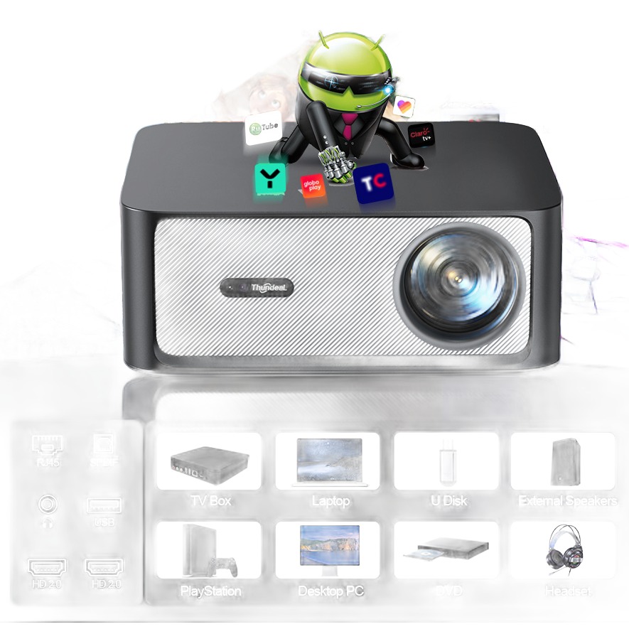 Videoprojecteur 4K compatible avec 32 Go de stockage, vue de trois quarts