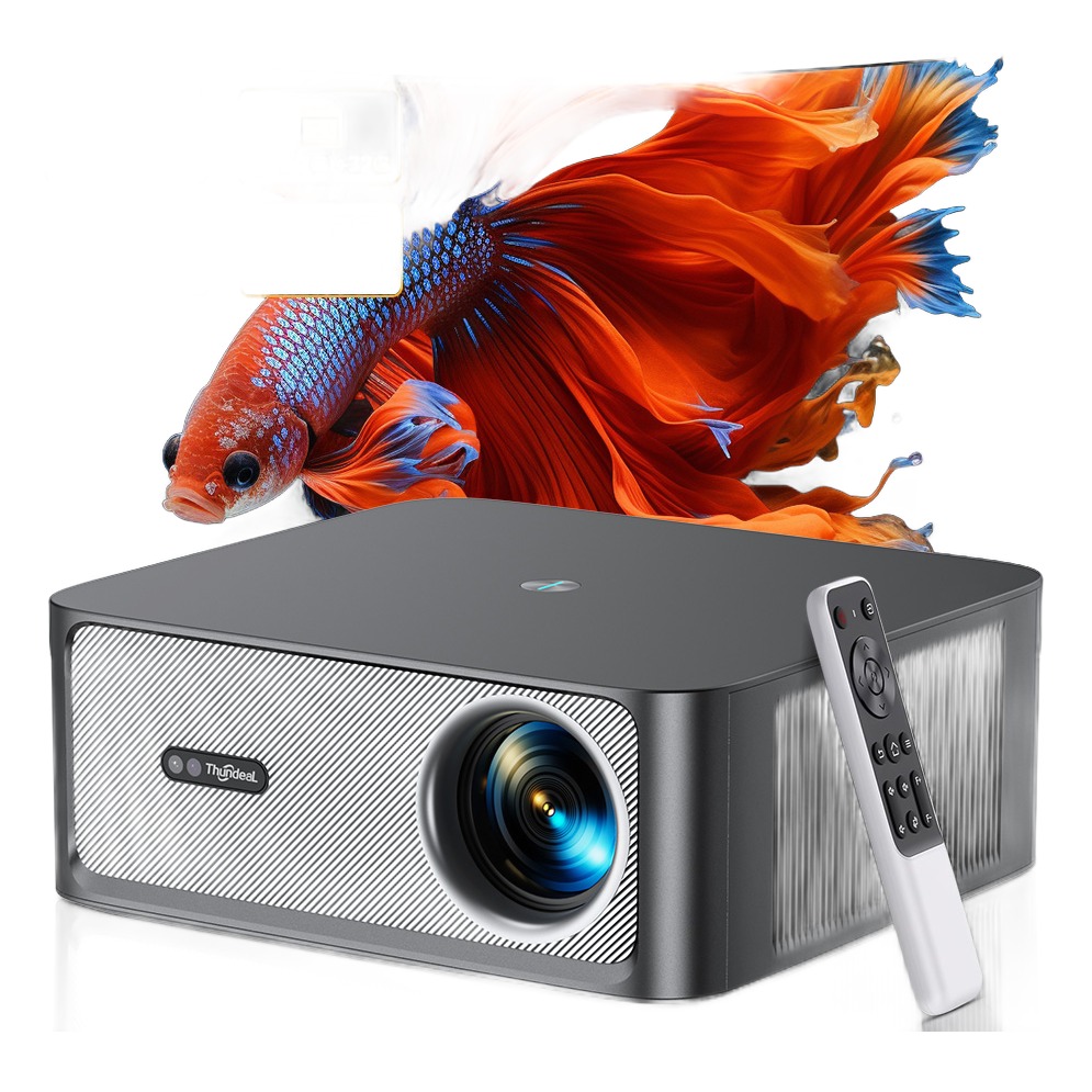 Videoprojecteur 4K compatible avec autofocus et Wi-Fi, vue de trois quarts