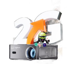 Videoprojecteur 4K compatible compact sous Android, vue de trois quarts