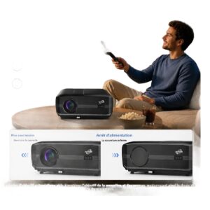 Vidéoprojecteur 4K en entrée avec deux micros pour le karaoké, vue de trois quarts