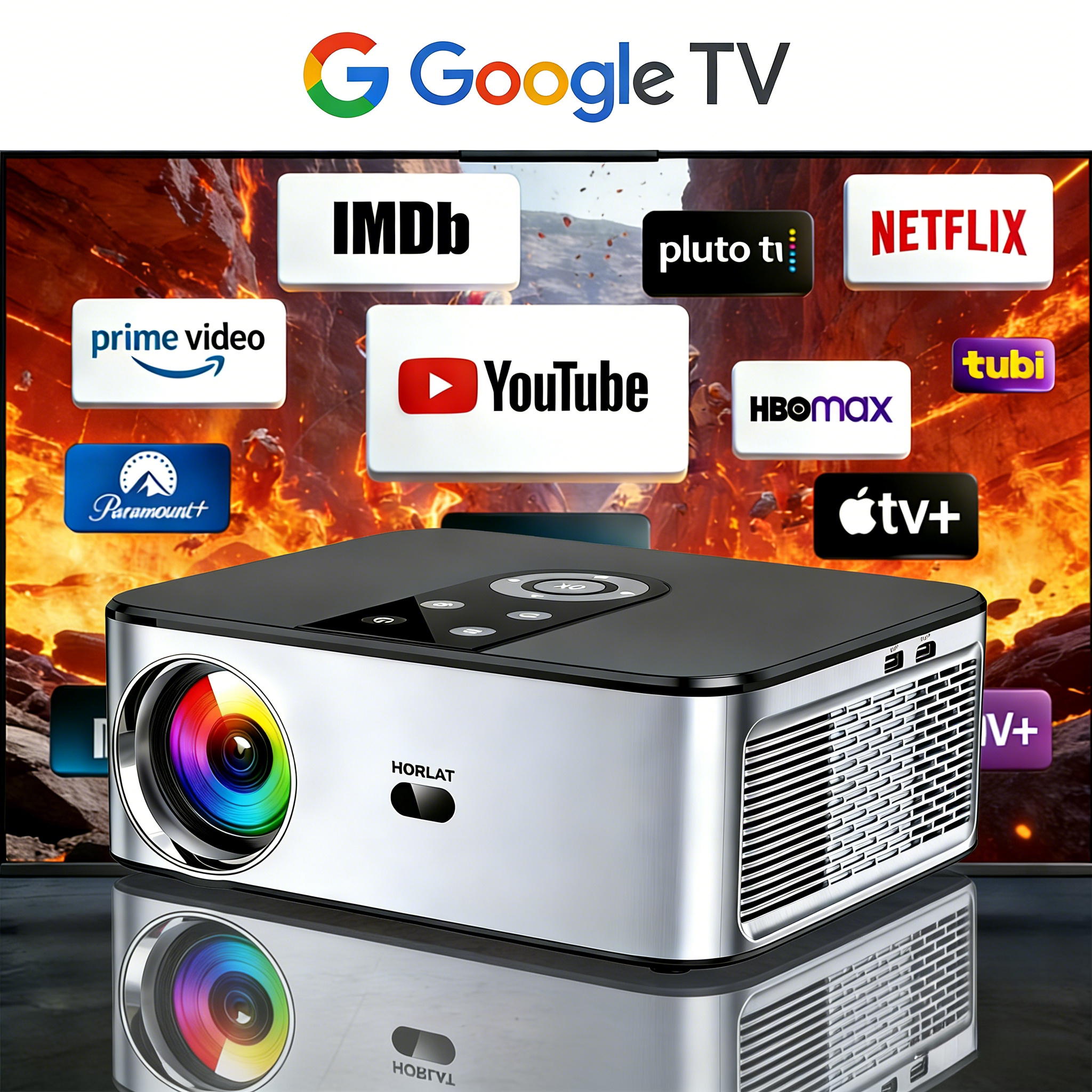 Vidéoprojecteur 4K sous Google TV avec correction auto, vue principale