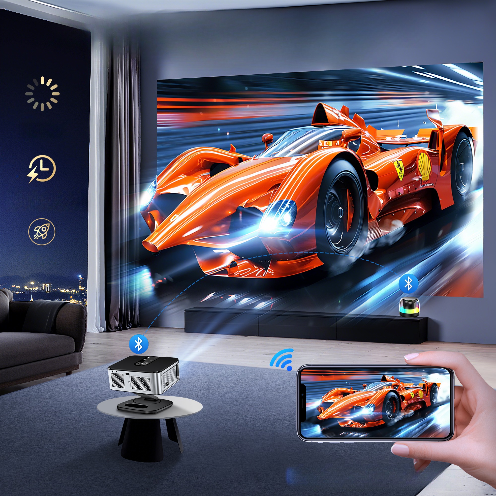 Vidéoprojecteur 4K sous Google TV avec correction auto, vue de profil