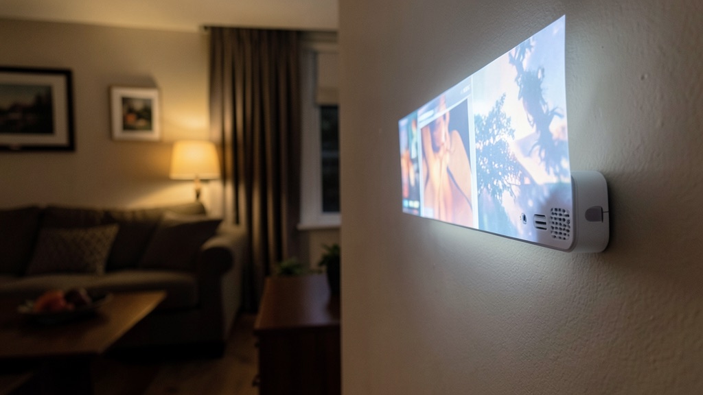 Videoprojecteur courte focale pose pres d'un mur dans un salon