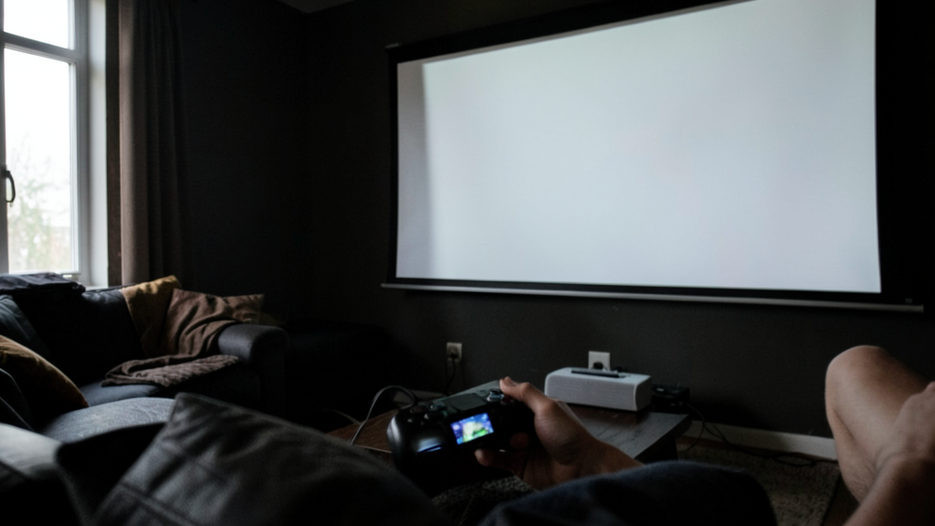 Vidéoprojecteur gaming : console reliée à un projecteur dans un salon sombre