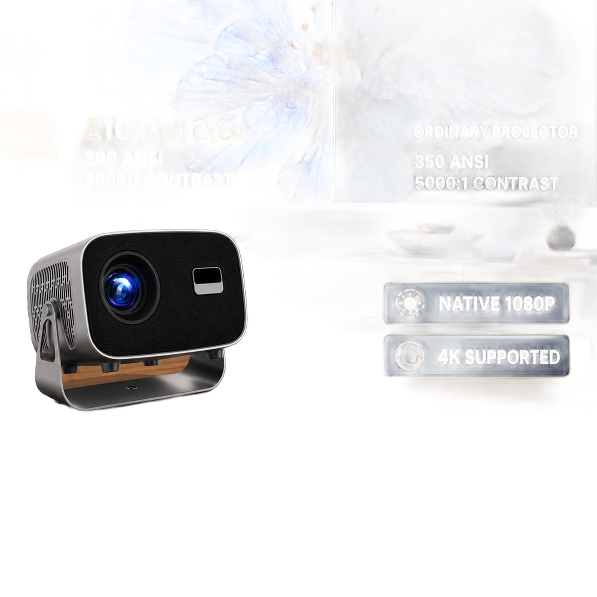 Vidéoprojecteur portable 900 lumens ANSI sur pied rotatif à 360°, vue de trois quarts