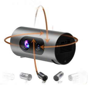 Vidéoprojecteur portable cylindrique alimenté en USB-C PD 65 W, vue de trois quarts