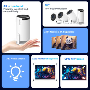 Vidéoprojecteur portable magnétique sous Android 14, vue de face