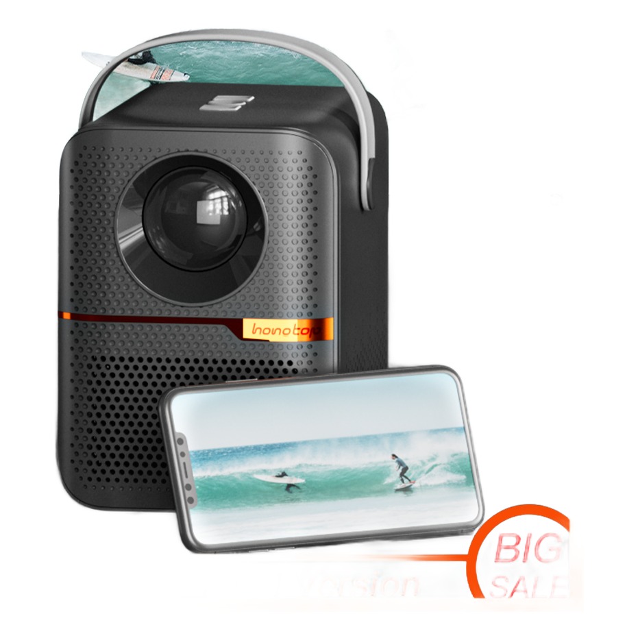 Vidéoprojecteur portable noir à anse, 1080p natif, 64 Go, vue de trois quarts