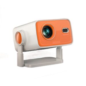 Vidéoprojecteur portable orange et blanc, 1080p natif, 400 ANSI, vue de trois quarts