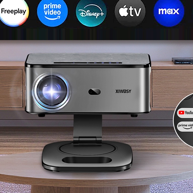 Videoprojecteur portable, projecteur Google TV Android 14.0, vue de trois quarts