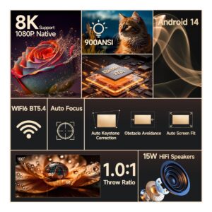Videoprojecteur portable, vidéo projecteur HY350Max Android 14 Portable, vue de trois quarts