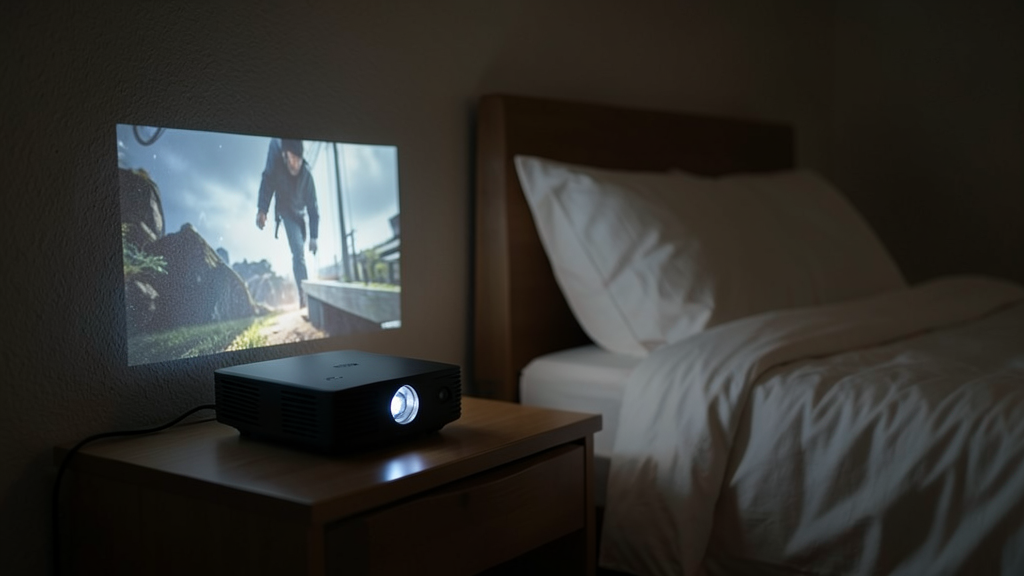 Vidéoprojecteur pour chambre projetant une image sur le mur face au lit