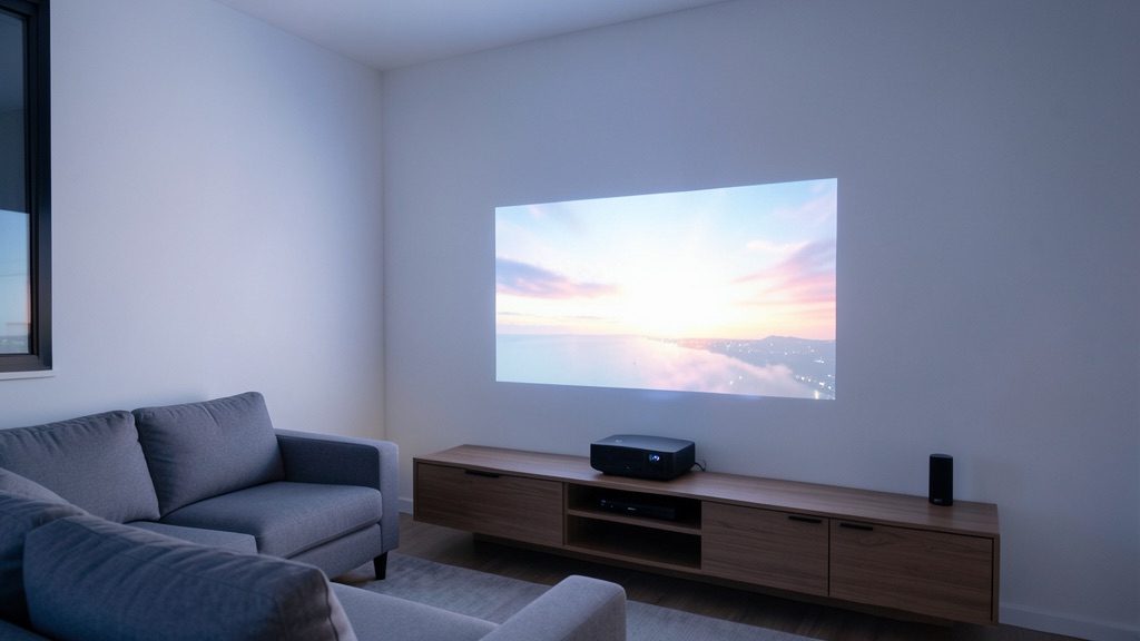 Videoprojecteur pose sur un meuble bas projetant une image sur un mur blanc