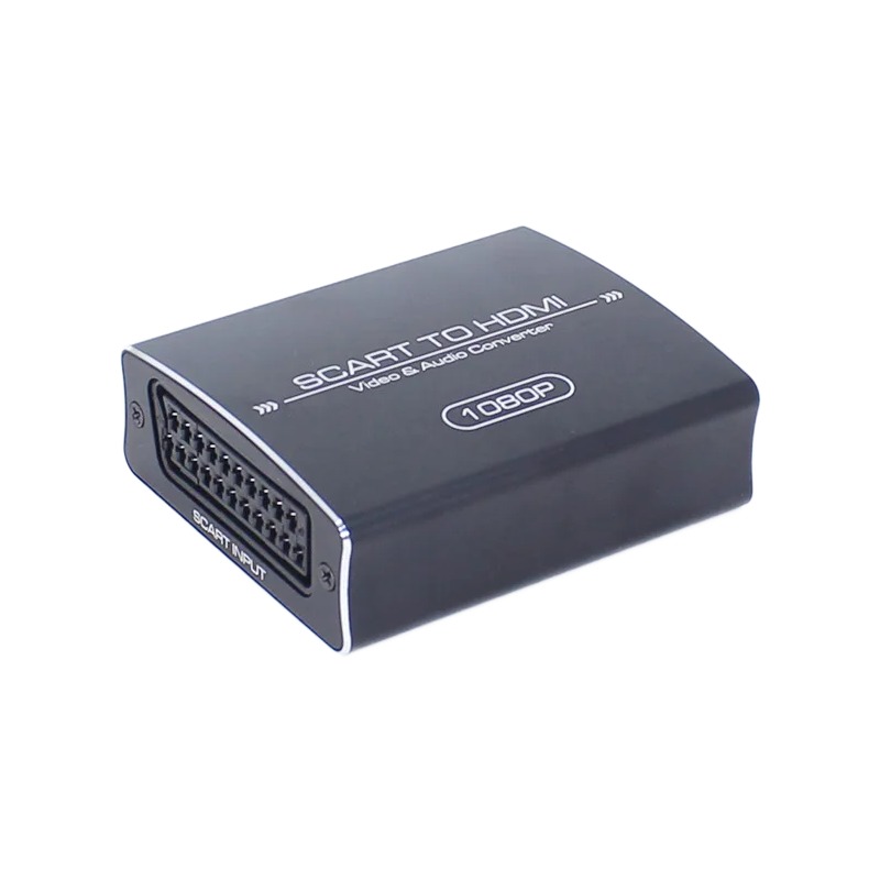 Adaptateur péritel HDMI en boîtier compact, sortie 720p ou 1080p, vue de trois quarts