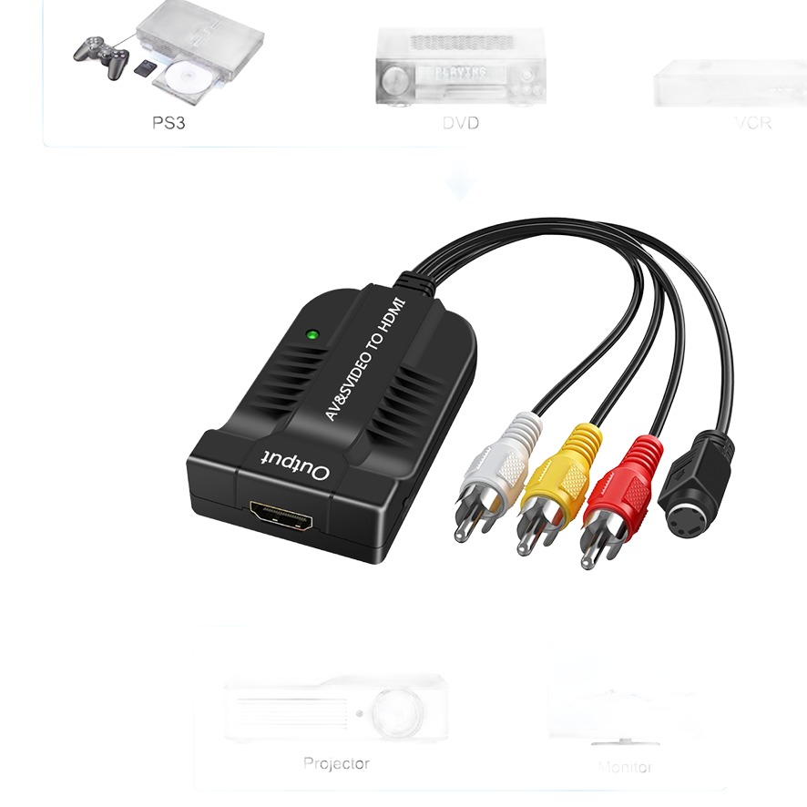 Adaptateur S-vidéo HDMI et AV composite, sortie 720p ou 1080p, vue de trois quarts