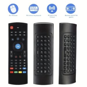 Air mouse avec clavier et apprentissage infrarouge, récepteur USB, vue de trois quarts