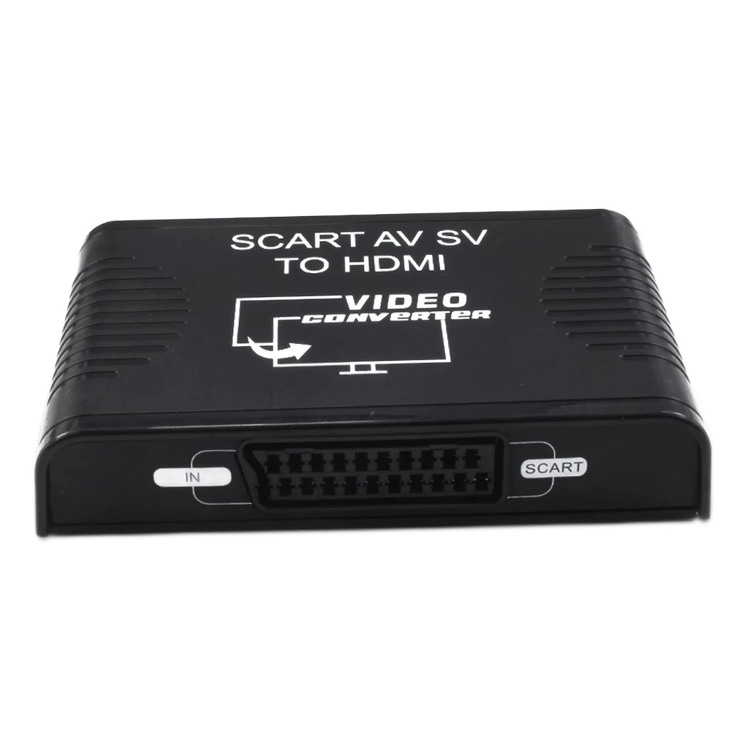 Boîtier péritel vers HDMI 3 en 1, entrées AV composite et S-vidéo, vue de trois quarts