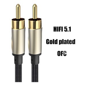 Câble caisson de basse RCA coaxial mâle vers mâle, quatre longueurs, vue de trois quarts
