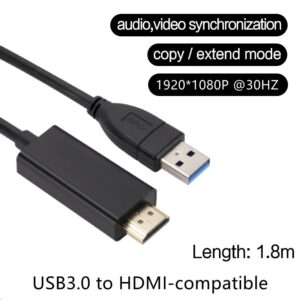 Câble USB HDMI de 1,8 m, port USB 3.0 vers vidéoprojecteur en 1080p, vue de trois quarts