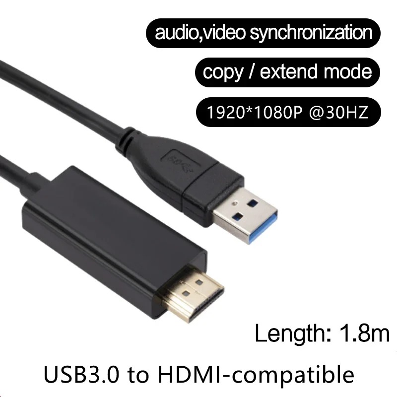 Câble USB HDMI de 1,8 m, port USB 3.0 vers vidéoprojecteur en 1080p, vue de trois quarts