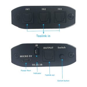 Commutateur optique audio 3 entrées 1 sortie, avec télécommande, vue de trois quarts