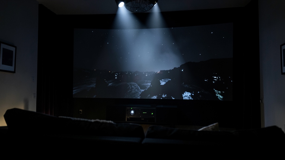 Contraste vidéoprojecteur : salon plongé dans le noir, ciel étoilé projeté sur un grand écran, canapé au premier plan