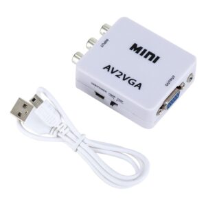 Convertisseur AV VGA compact, entrée RCA et sortie VGA, alimenté en USB, vue de trois quarts