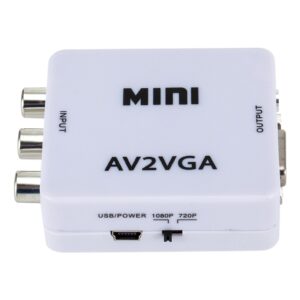 Convertisseur AV VGA compact, entrée RCA et sortie VGA, alimenté en USB, vue de face