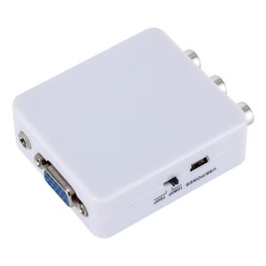 Convertisseur AV VGA compact, entrée RCA et sortie VGA, alimenté en USB, vue de profil