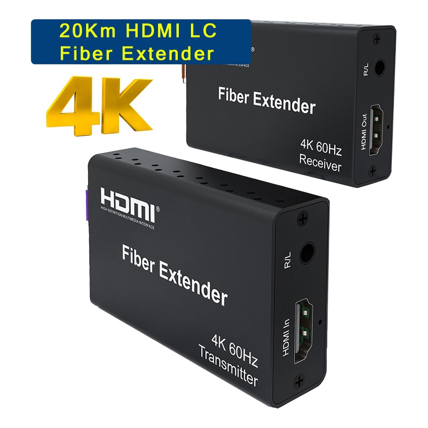 Convertisseur HDMI fibre optique 4K 60 Hz, émetteur et récepteur 20 km, vue de trois quarts