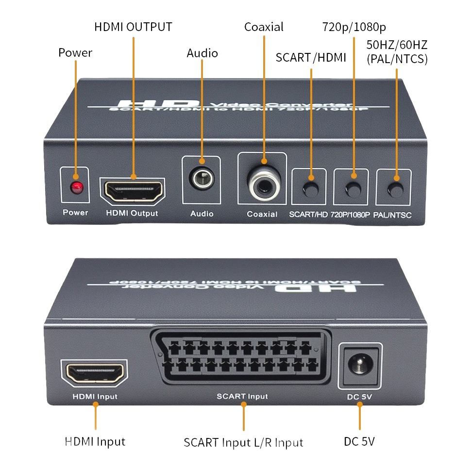 Convertisseur péritel HDMI avec entrée HDMI, sortie 1080p et coaxiale, vue de face