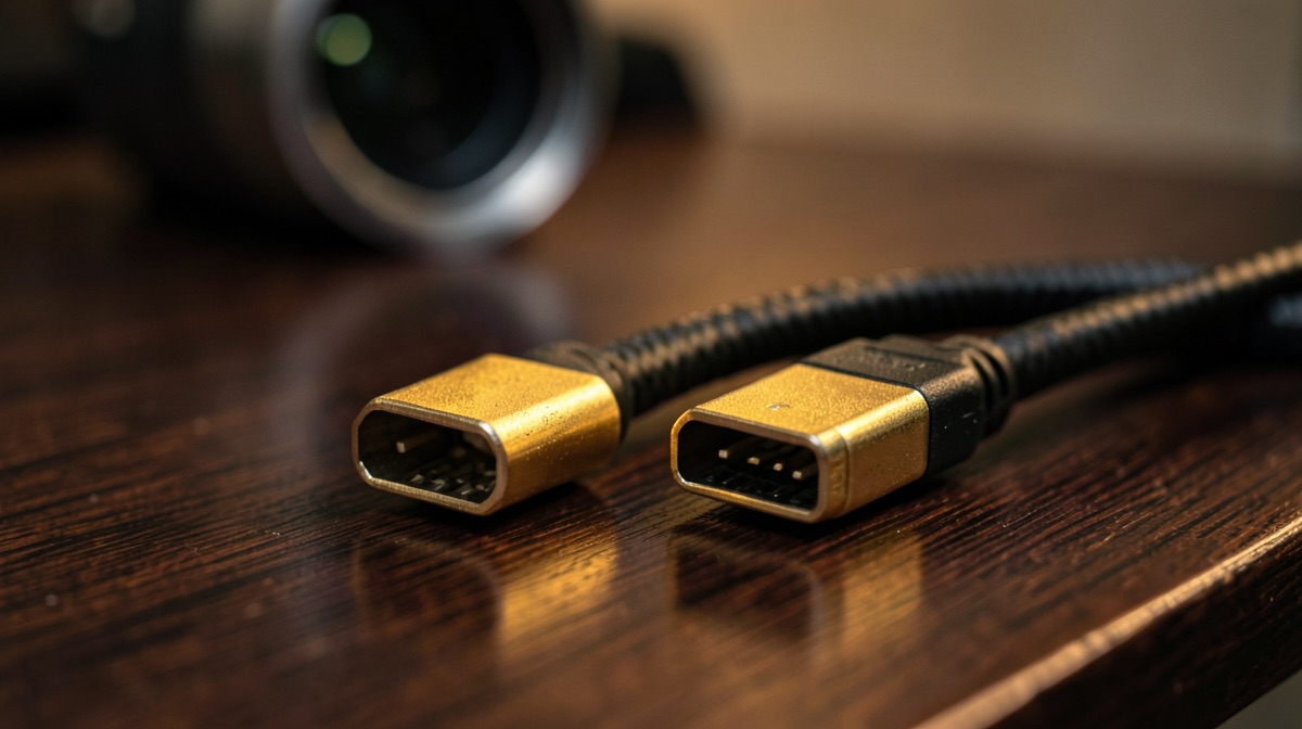 Différence HDMI 2.0 et 2.1 : deux câbles HDMI tressés à embouts dorés posés sur une table, objectif de vidéoprojecteur flou en arrière-plan