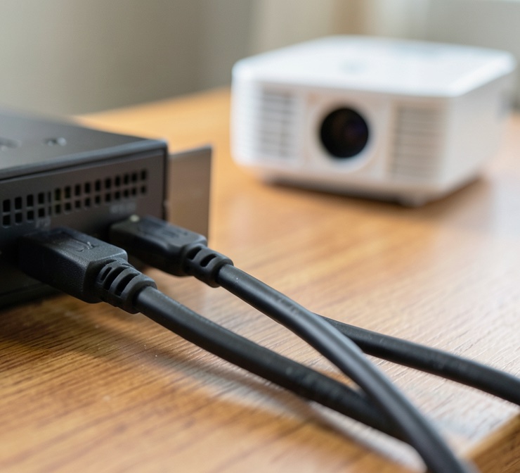 DisplayPort vs HDMI : câbles DisplayPort et HDMI branchés à l'arrière d'un ordinateur, vidéoprojecteur blanc en arrière-plan
