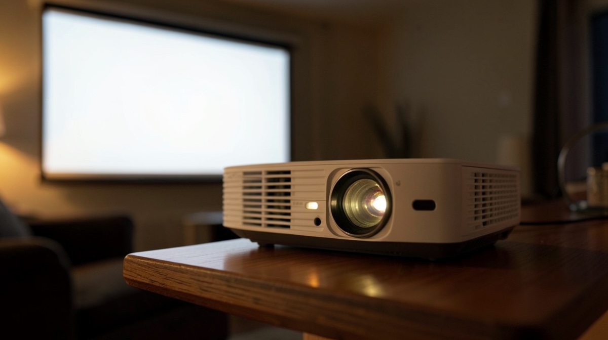 Durée de vie lampe vidéoprojecteur : appareil allumé sur une table basse, faisceau visible dans l'objectif, écran de projection au fond d'un salon