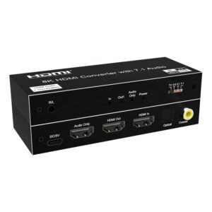 Extracteur audio HDMI 2.1 8K, sorties optique, coaxiale et 7.1, vue de trois quarts