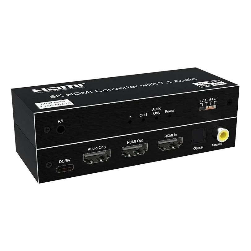 Extracteur audio HDMI 2.1 8K, sorties optique, coaxiale et 7.1, vue de trois quarts