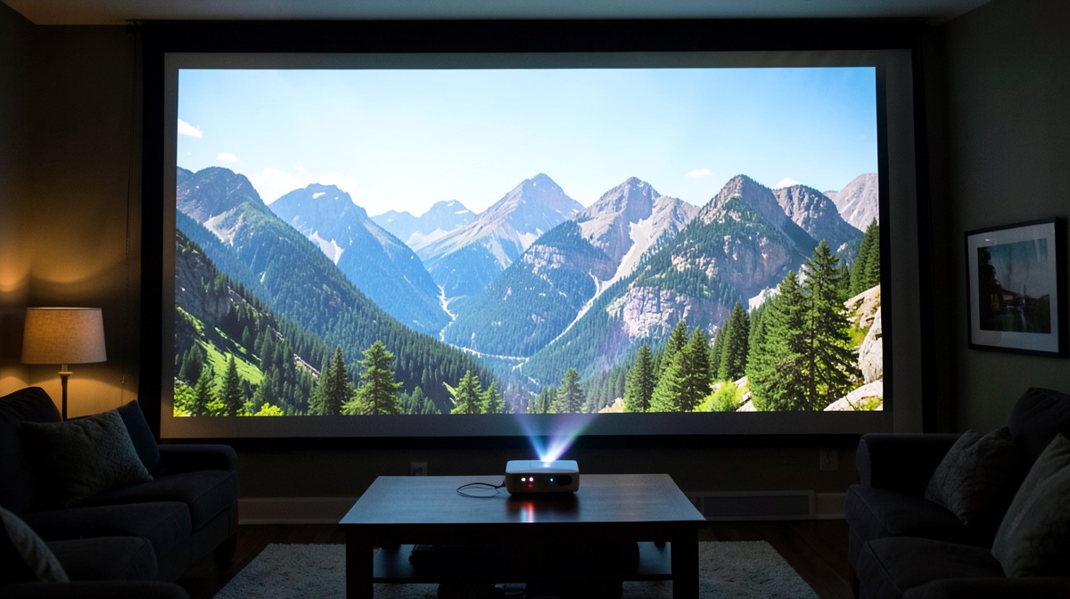 Image au format 16/9 projetée sur une grande toile de salon, paysage de montagne, vidéoprojecteur posé sur la table basse