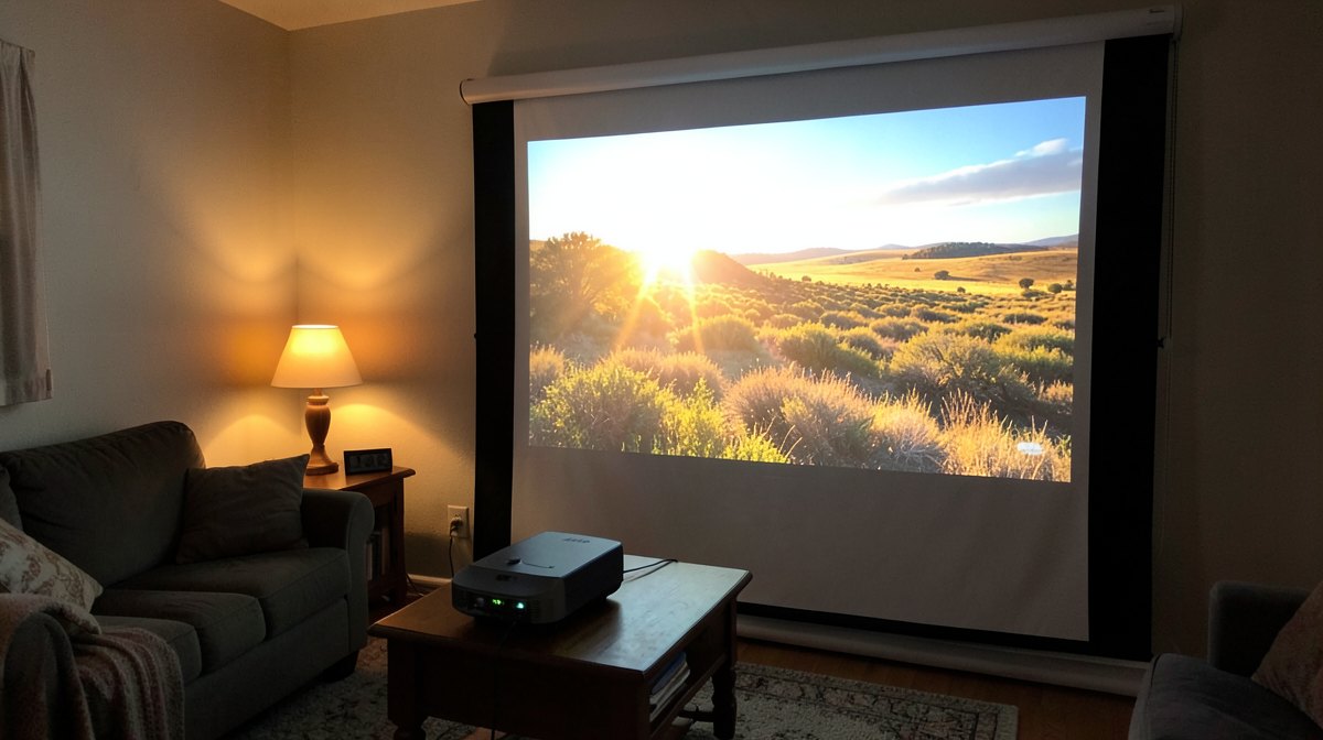 Format 4 3 : vidéoprojecteur sur une table basse projetant un paysage sur une toile de projection au format 4/3 dans un salon