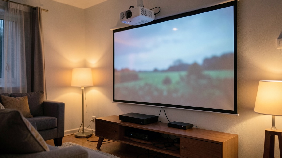 HDCP : salon avec vidéoprojecteur au plafond, écran de projection, box et commutateur HDMI sur le meuble