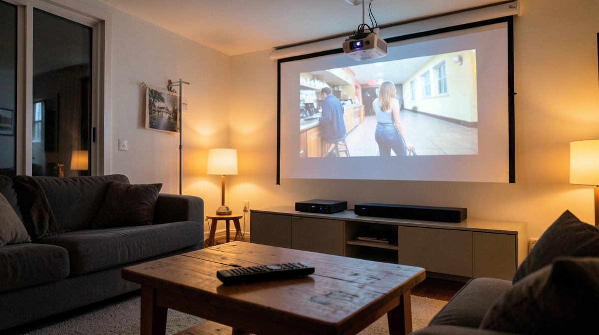 HDMI CEC : salon avec vidéoprojecteur au plafond, écran de projection, box et barre de son, télécommande sur la table basse