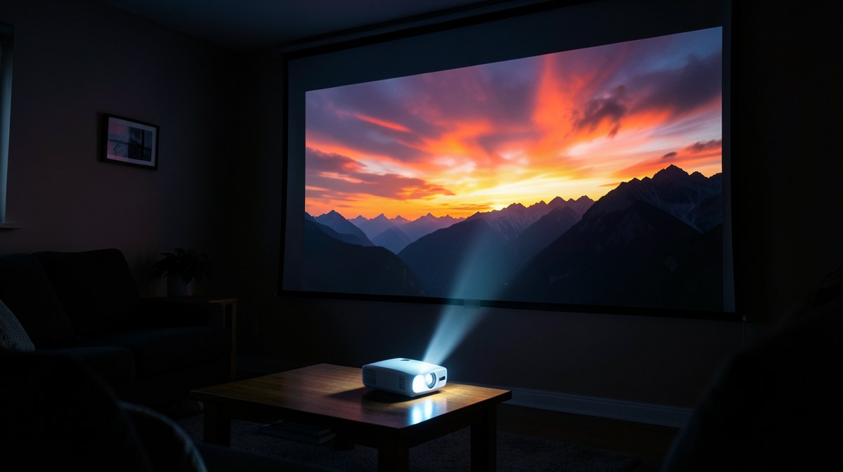 HDR10 c'est quoi : vidéoprojecteur projetant un coucher de soleil très contrasté sur un grand écran dans un salon sombre