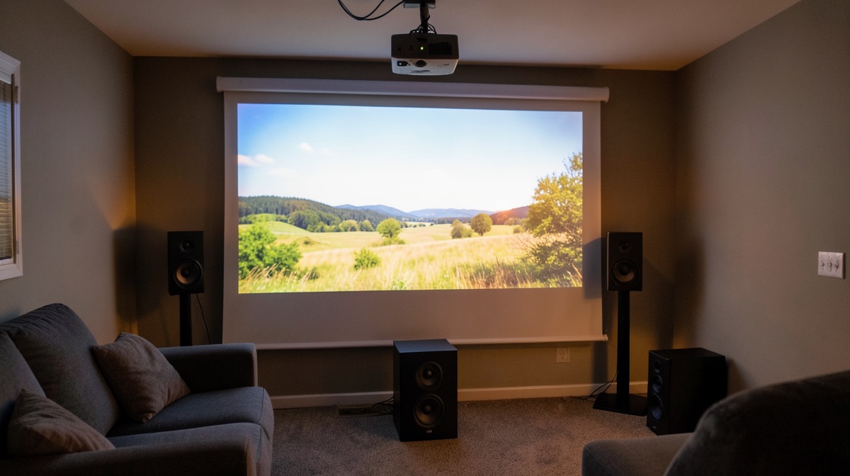 Installer un home cinéma : salle avec vidéoprojecteur au plafond, écran de projection, enceintes de chaque côté et canapé