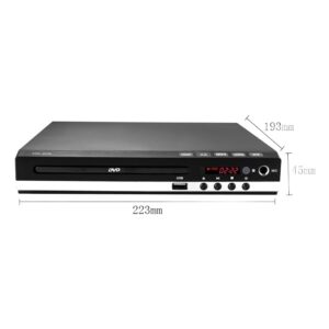 Lecteur DVD HDMI compact avec télécommande, port USB et micro, vue de trois quarts