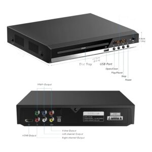 Lecteur DVD HDMI compact avec télécommande, port USB et micro, vue de face