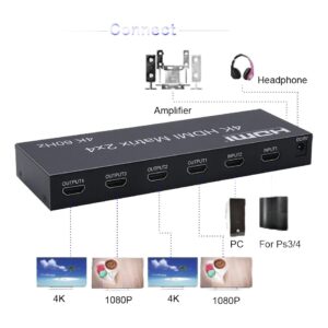 Matrice HDMI 2x4 4K 60 Hz, deux sources vers quatre écrans, vue de trois quarts