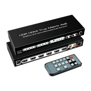 Matrice HDMI 8K 4 entrées 2 sorties, vidéoprojecteur et téléviseur, vue de trois quarts