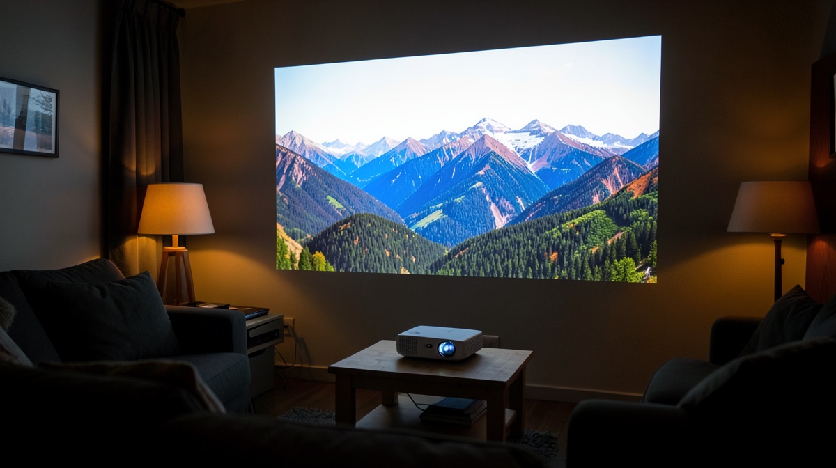 Meilleur vidéoprojecteur 4K posé sur une table basse, projetant un paysage de montagnes très détaillé sur le mur d'un salon